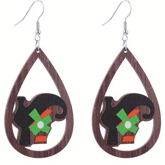 Earrings Halloween Witch Wood Boot Shoe Dangle Spooky Party Costume Whimsicle - Picture 1 of 1
